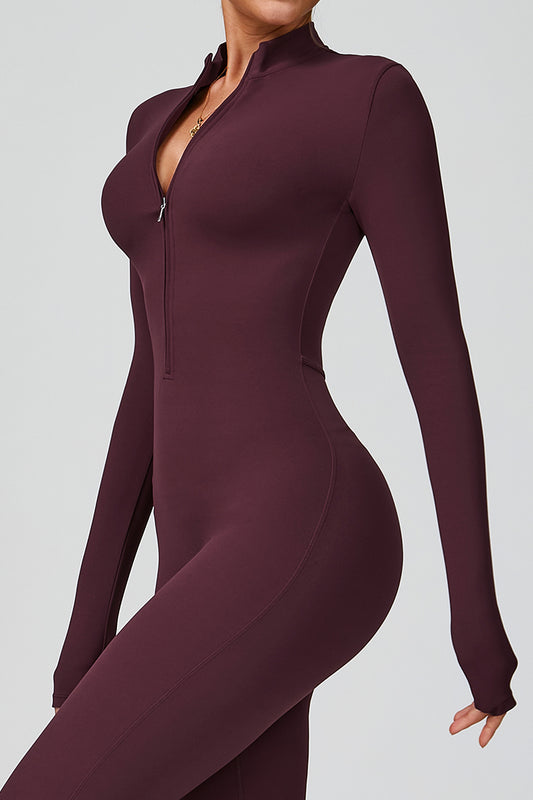 Women's long sleeve zip-front flared jumpsuit, dark wine red, close-up