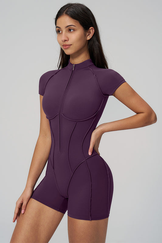 Deep purple high-stretch sports jumpsuit with front zipper and short sleeves