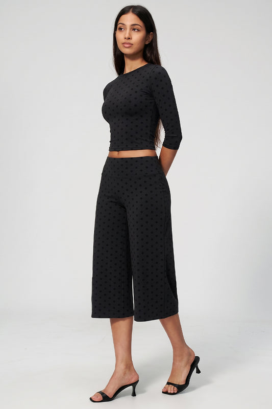 Black dotted long-sleeve crop top and wide-leg culottes 2-piece set