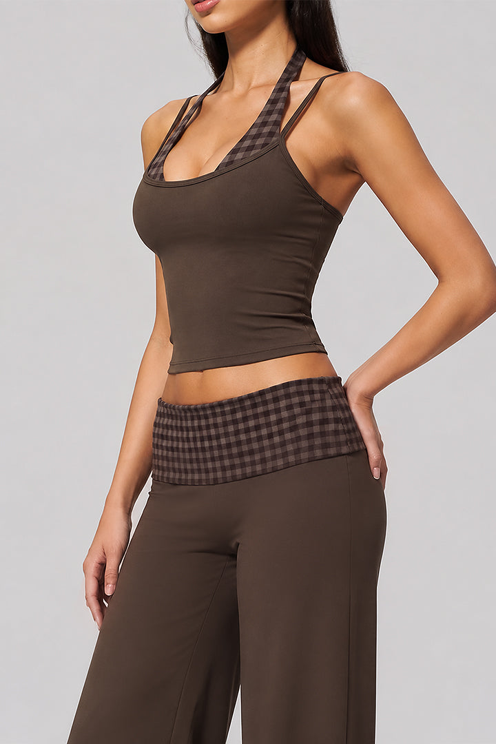 Brown halter top with ruched wide-leg pants set, checkered waistband panel