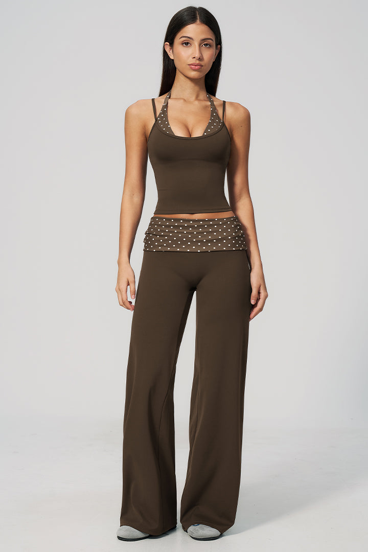 Brown halter top and wide-leg pants set with dotted waistband detail