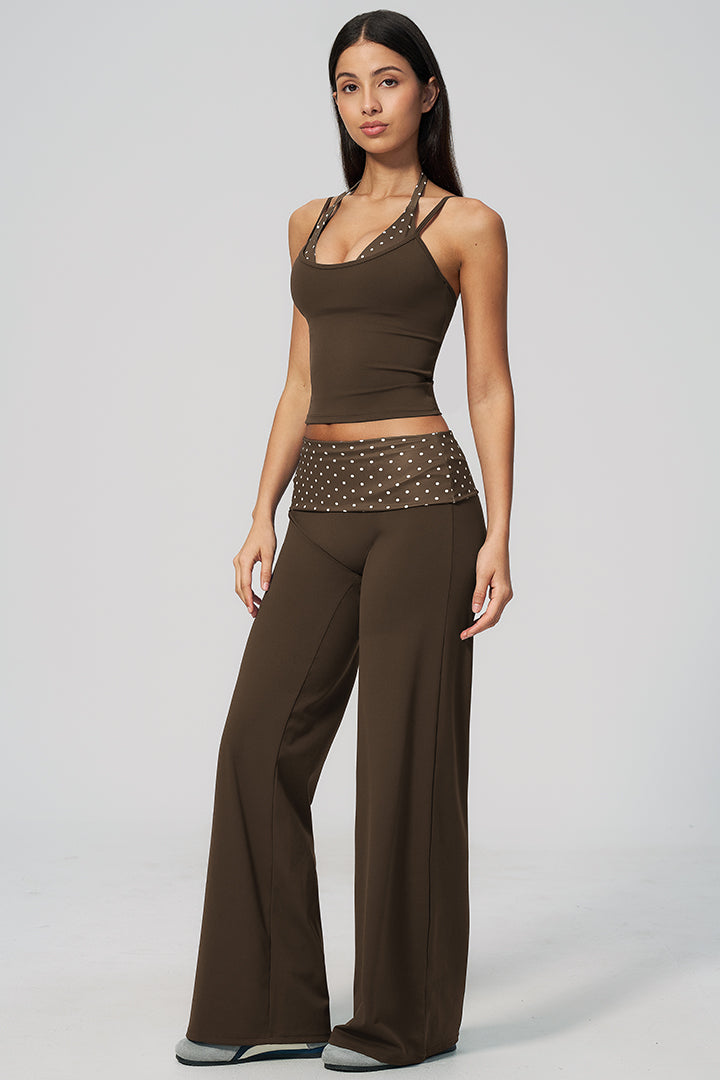 Brown halter top and wide-leg pants set with dotted waist panel, sleeveless