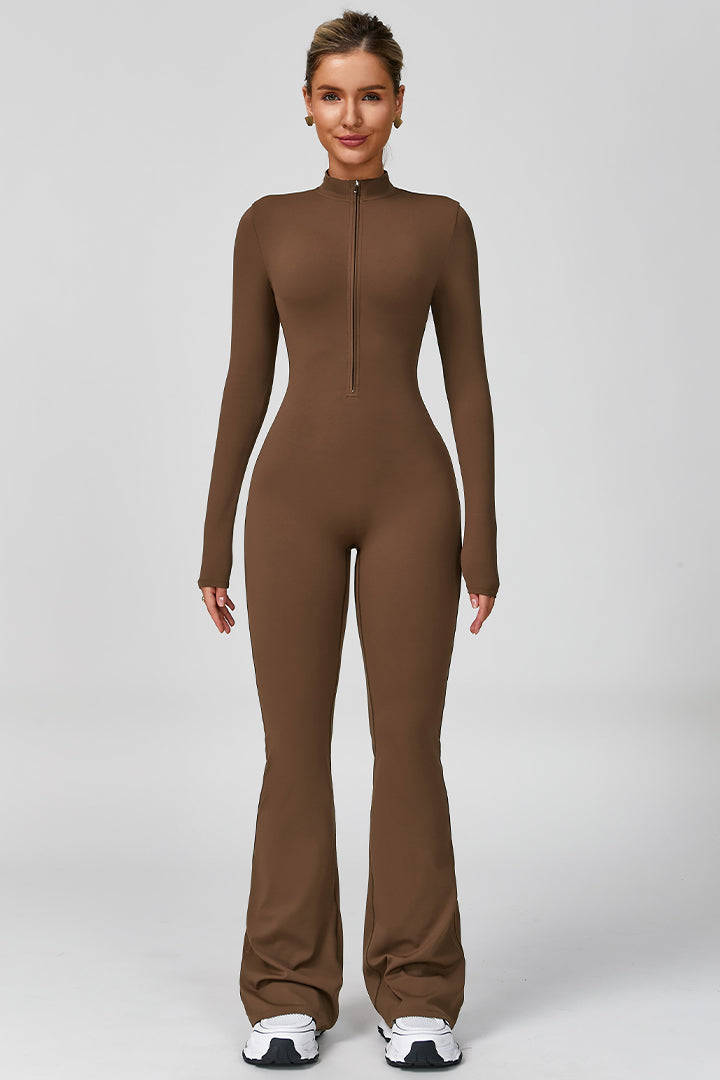 Women's long sleeve zip-front flared jumpsuit, brown