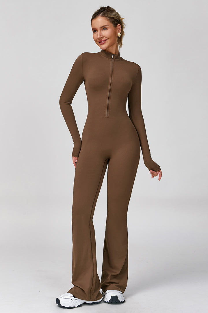 Women's long sleeve zip-front flared jumpsuit, brown, side view