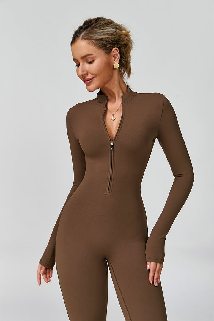 Women's long sleeve zip-front flared jumpsuit, brown, covered neckline