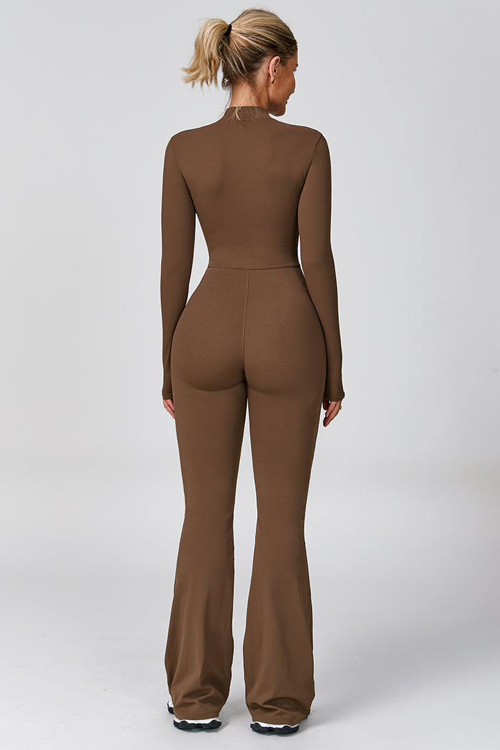 Women's long sleeve zip-front flared jumpsuit, brown, back view
