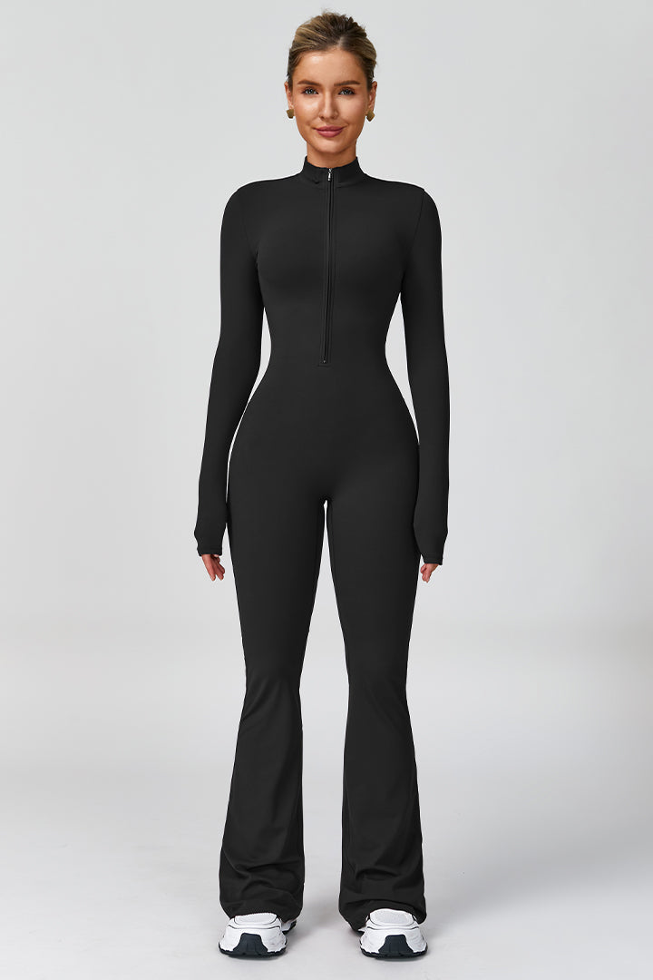Women's long sleeve zip-front flared jumpsuit, black