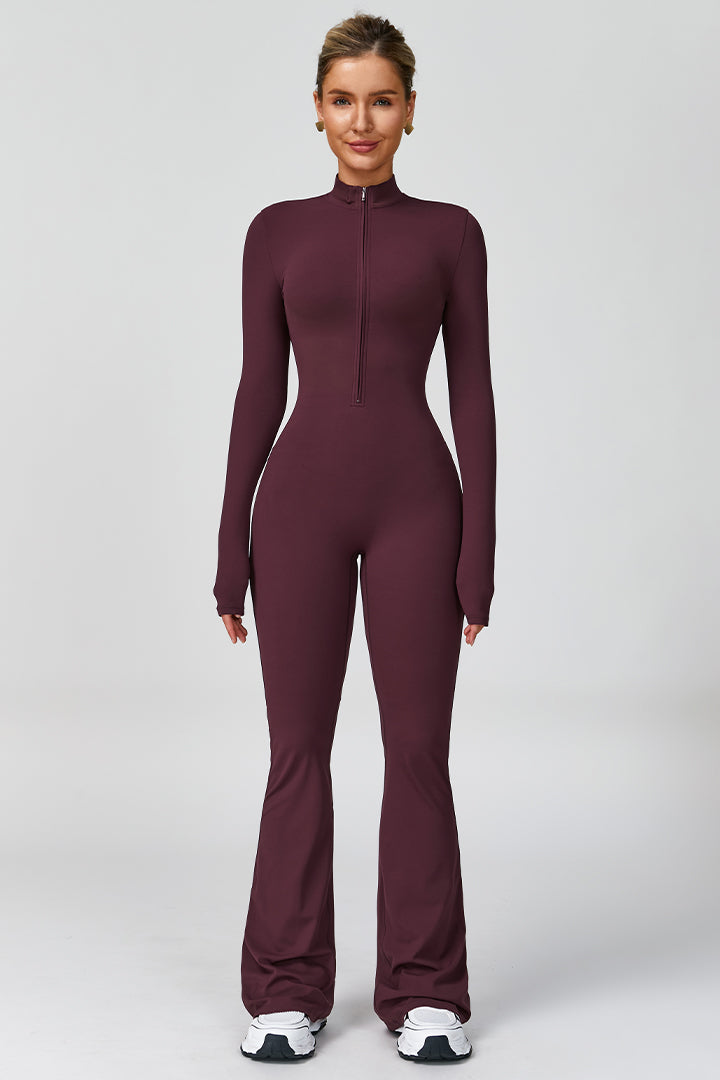 Women's long sleeve zip-front flared jumpsuit, dark wine red