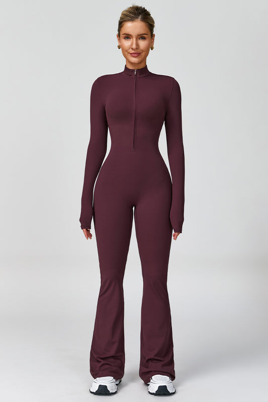 Women's long sleeve zip-front flared jumpsuit, dark wine red