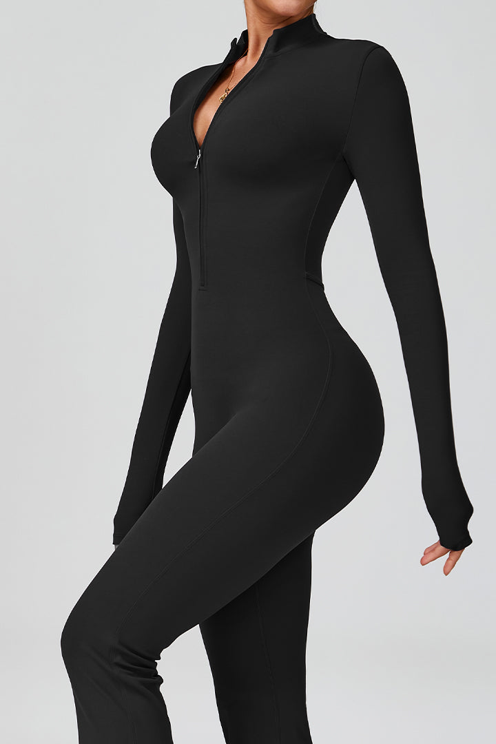 Women's long sleeve zip-front flared jumpsuit, black, torso close-up
