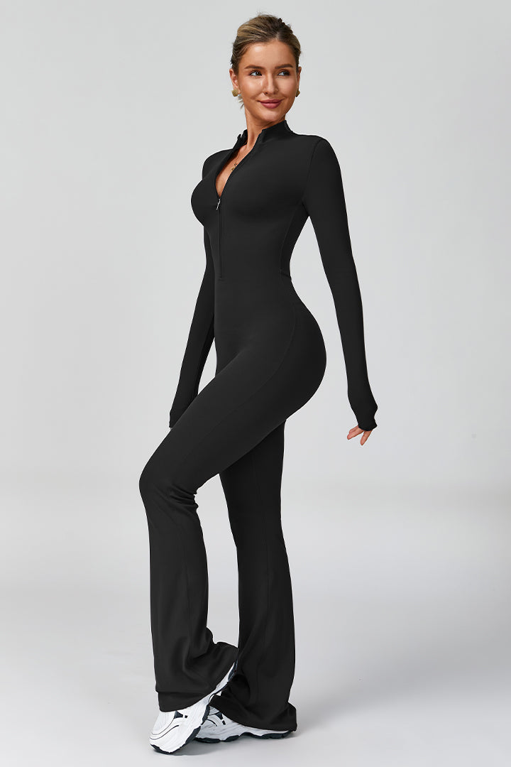 Women's long sleeve zip-front flared jumpsuit, black, full-length side pose