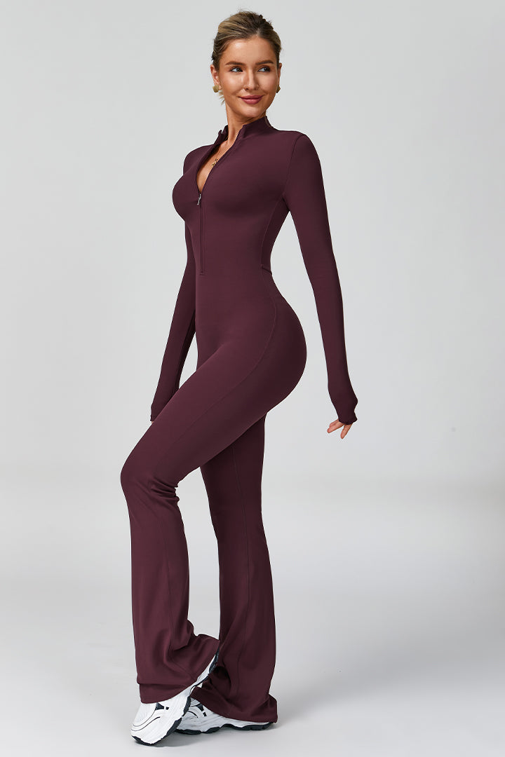 Women's long sleeve zip-front flared jumpsuit, dark wine red, side view