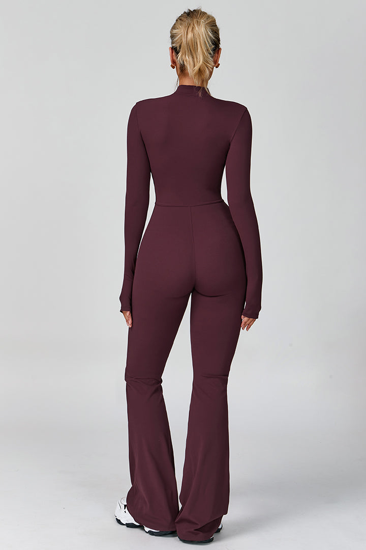 Dark wine red women's long-sleeve sports jumpsuit, front zip, flared legs