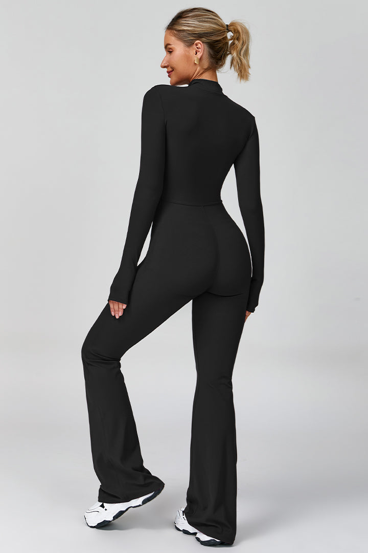 Black women's long-sleeve sports jumpsuit with back zipper seam and flared legs