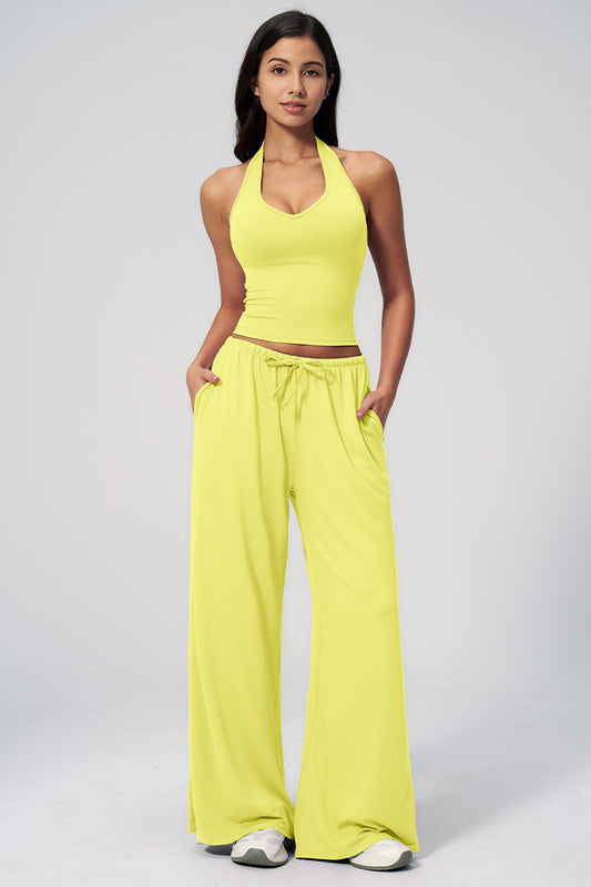 Lemon yellow 2-piece athleisure set, scoop-neck crop tank and wide-leg pants