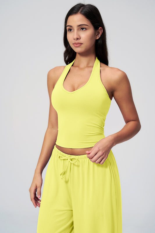 Lemon yellow athleisure set with racerback crop tank and matching wide-leg pants