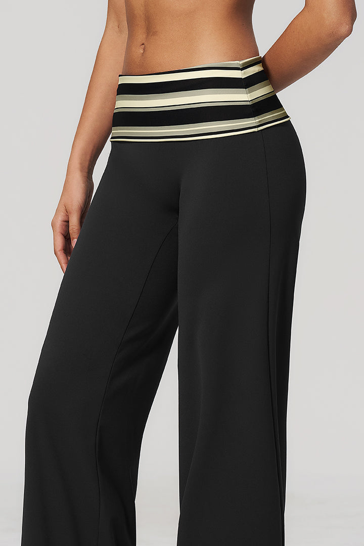 Black wide-leg pants with striped ruched waist band in cream and dark lines