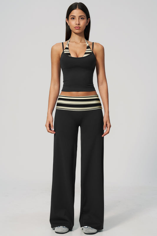 Black halter top and wide-leg pants set with striped ruched waist band