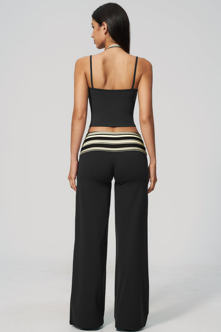 Halter top and wide-leg pants set with striped waistband, black and light stripes