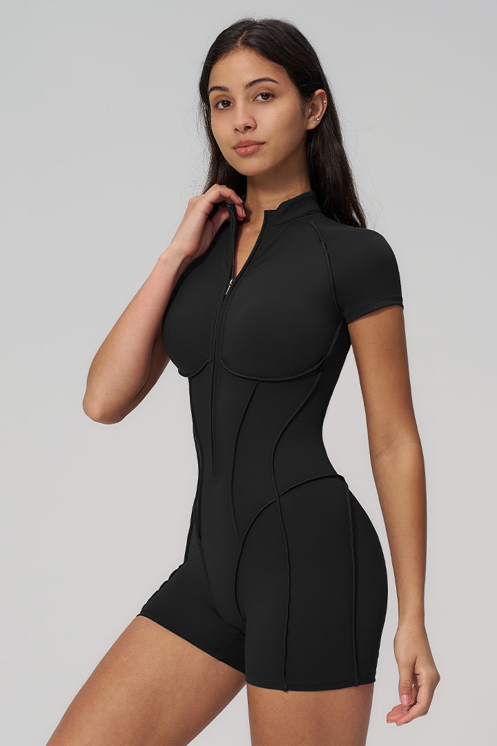 Women's high-stretch zipper sports jumpsuit, black, short-sleeve zip-front romper