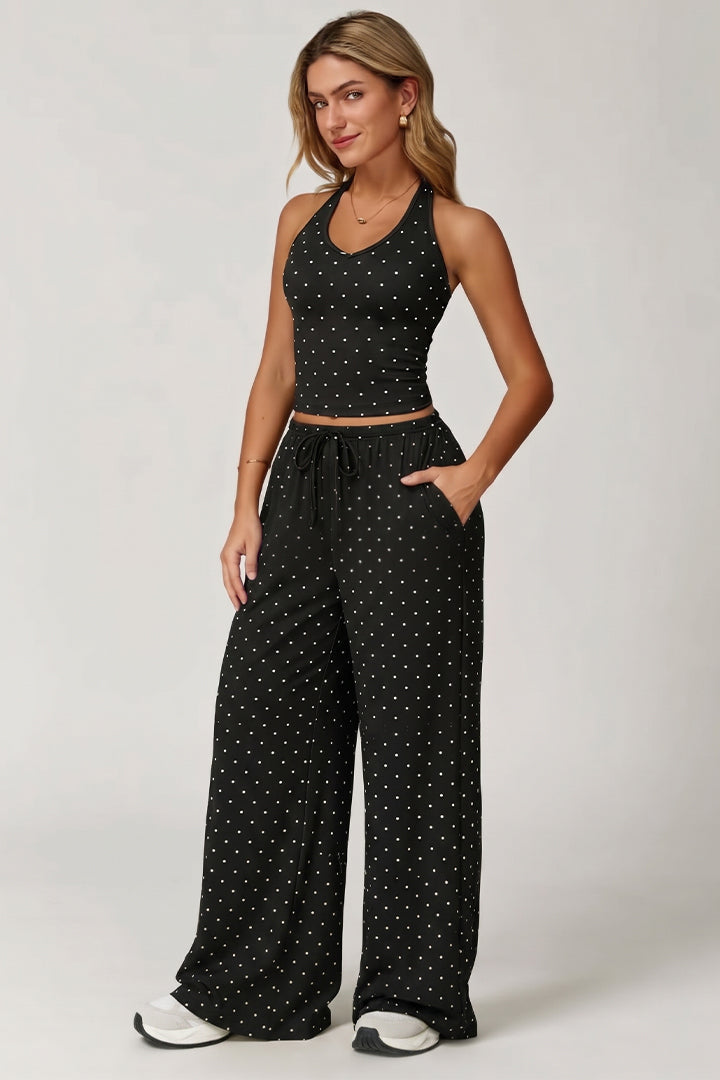 Black polka-dot sleeveless crop top and wide-leg pants set with elastic drawstring waist