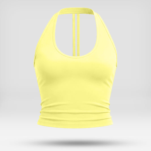 Lemon yellow sculpt crop tank with scoop back and vertical seam detail