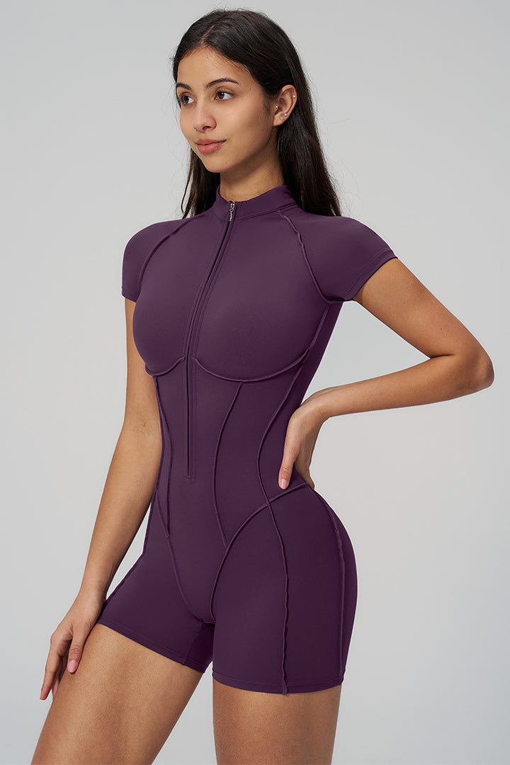 Deep purple high-stretch sports jumpsuit with front zipper and short sleeves