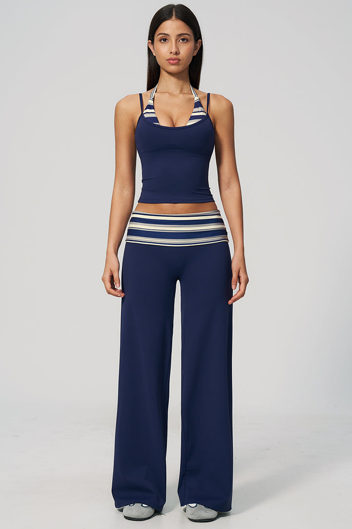 Navy halter top and wide-leg pants set with striped waist band and trim