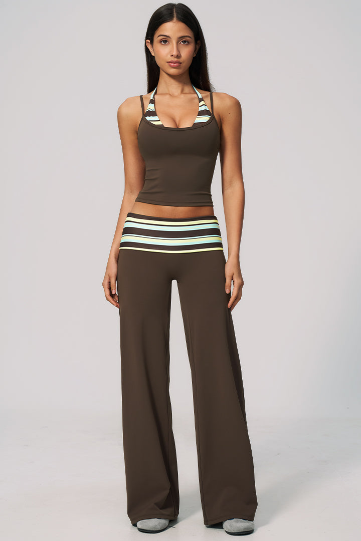 Brown halter top and wide-leg pants set with striped waist band