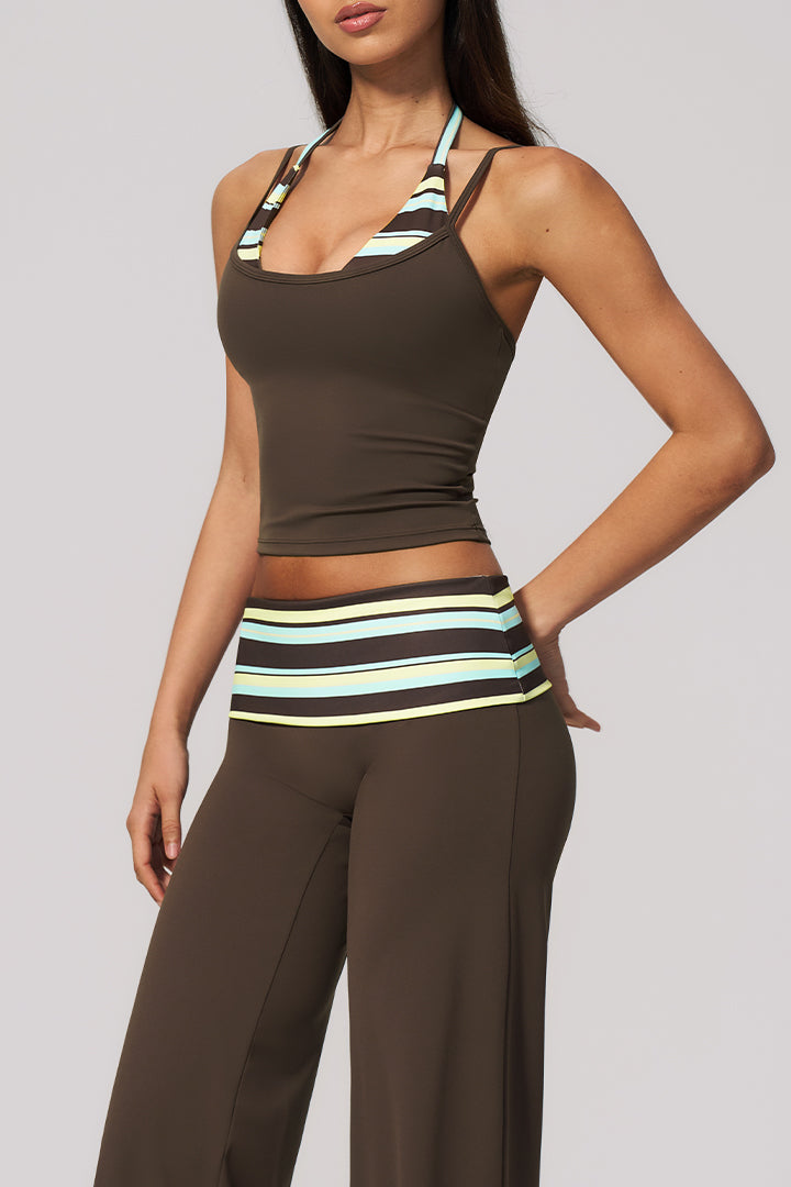 Black halter crop top with striped hem and ruched wide-leg pants set