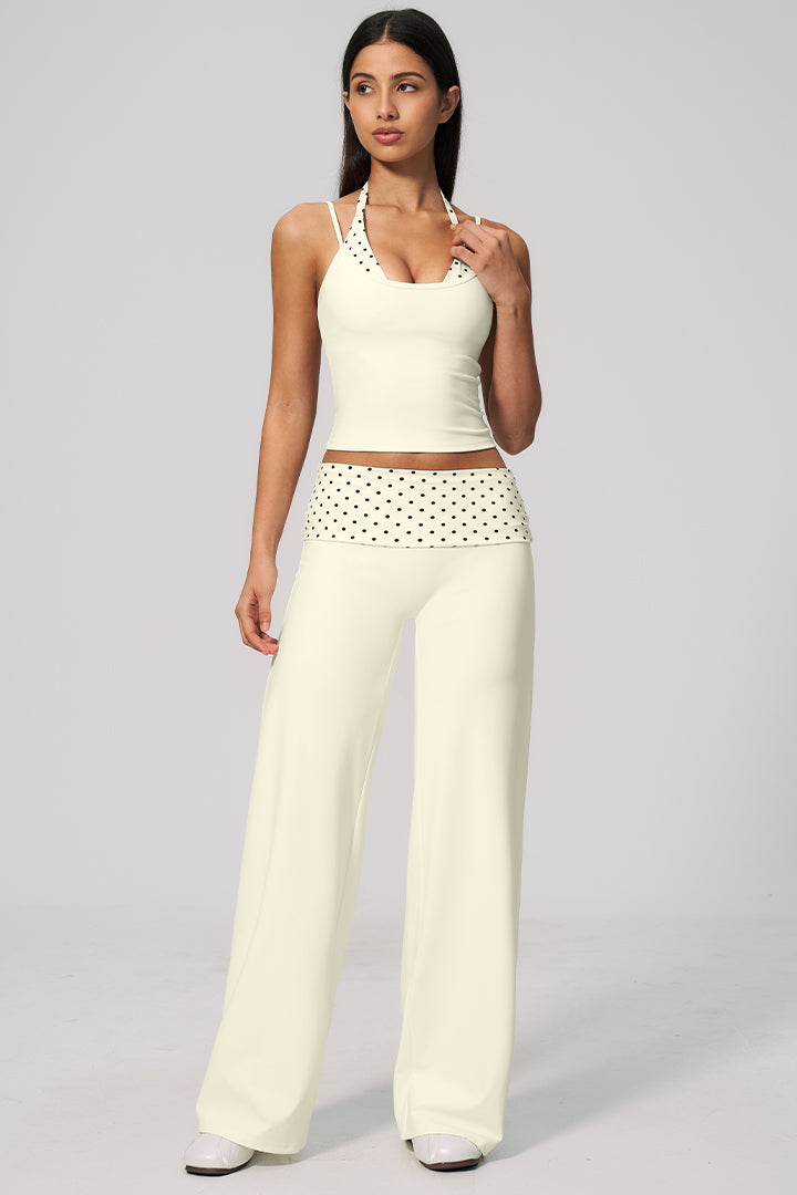 Cream halter crop top with polka-dot band and wide-leg pants set