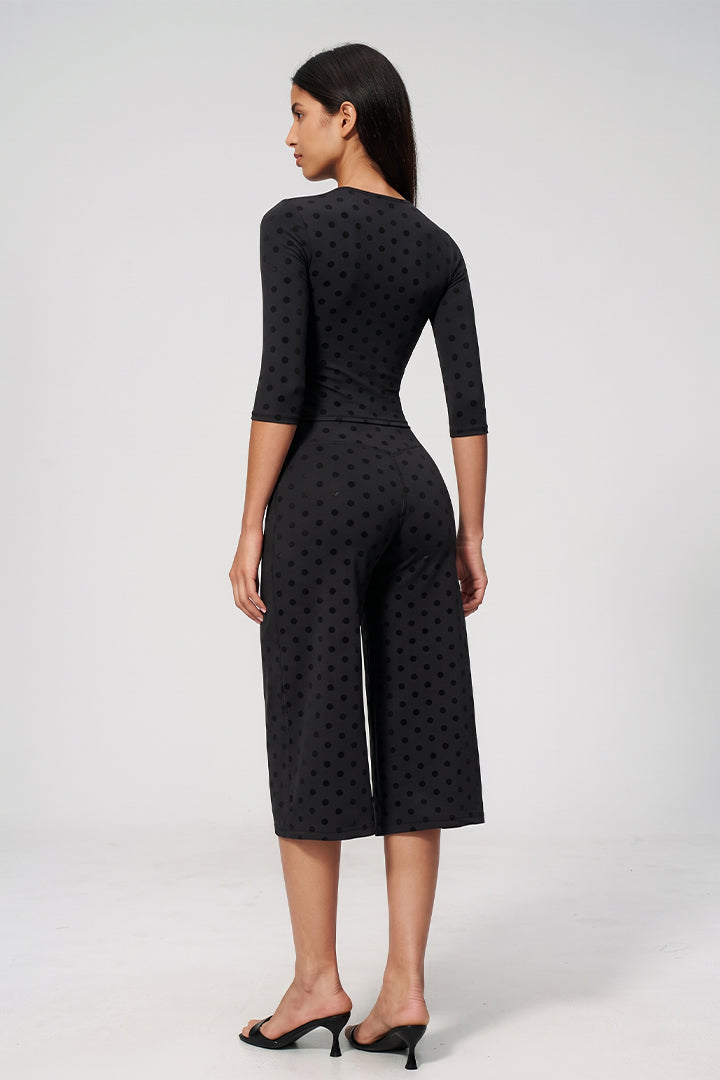 Black fitted back long-sleeve crop top and matching wide-leg culottes set