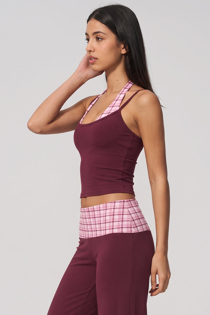 Wine halter crop top with pink plaid trim and matching wide-leg pants set