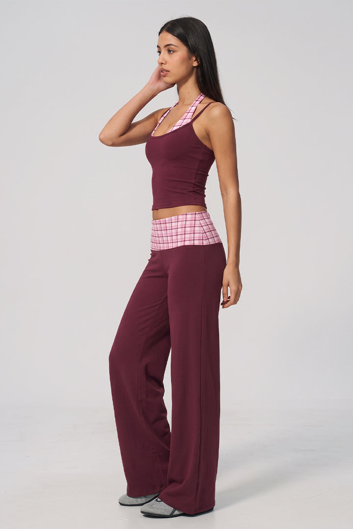 Wine halter crop top with pink plaid waist and ruched wide-leg pants set
