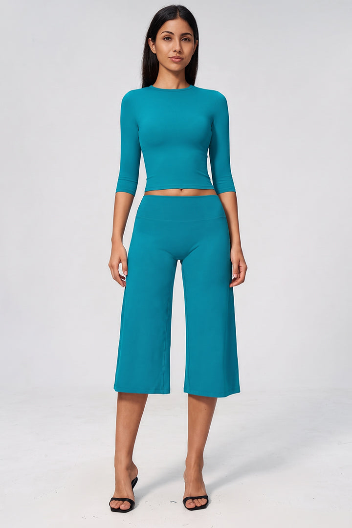 Peacock blue long-sleeve crop top with wide-leg culottes, 2-piece set