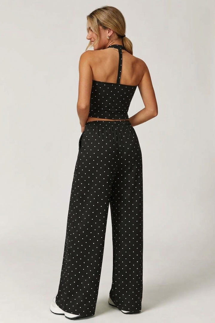 Black polka-dot scoop-back crop top and wide-leg pants set with drawstring waist