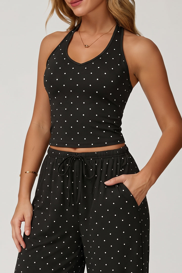 Black polka-dot sleeveless crop top and wide-leg pants set with drawstring waist