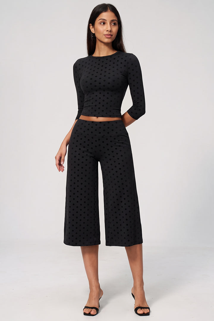 Black dotted long-sleeve crop top with wide-leg culottes 2-piece set