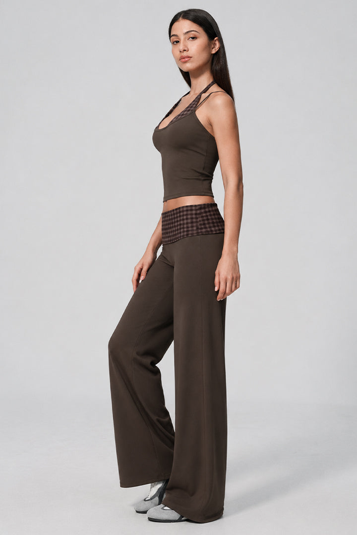 Brown halter top and wide-leg pants set with plaid ruched waist panel