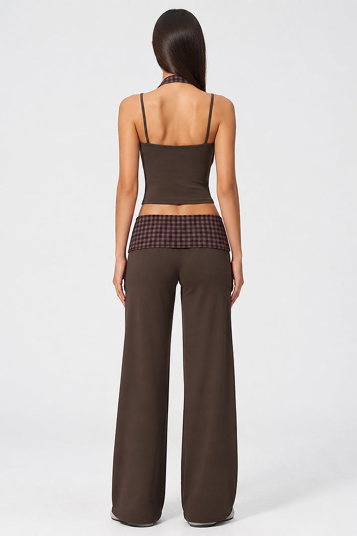 Brown halter back with wide-leg pants and plaid ruched waist panel