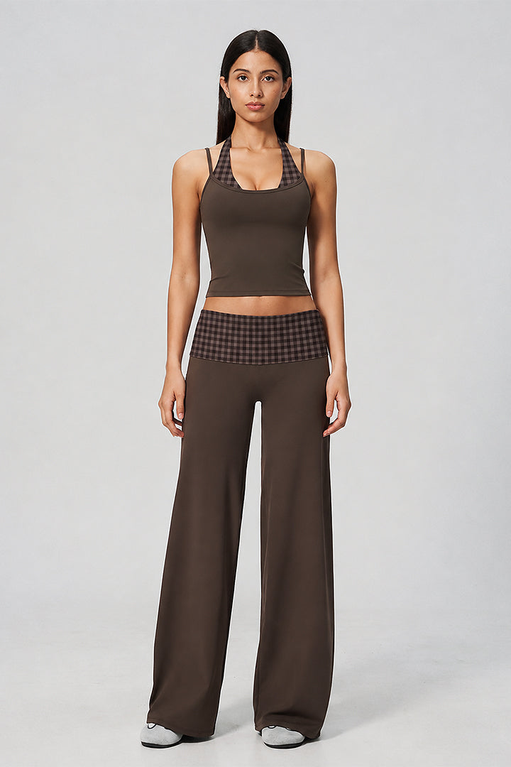 Brown halter top and wide-leg pants with plaid ruched waist panel